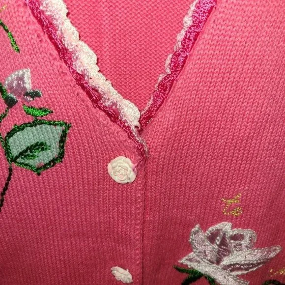 Storybook Knits Pink Cardigan Sweater Roses L - Picture 6 of 14